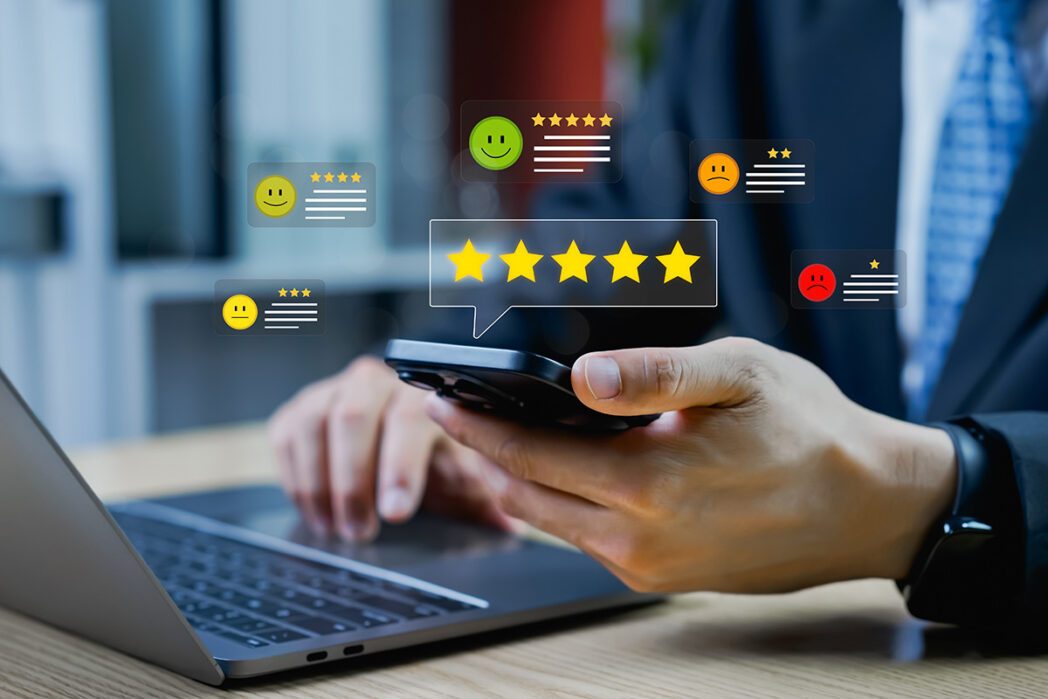 Businessman checking customer feedback icons and five star reviews, satisfaction assessment, online survey system, employee service experience rating, and business service quality concept.